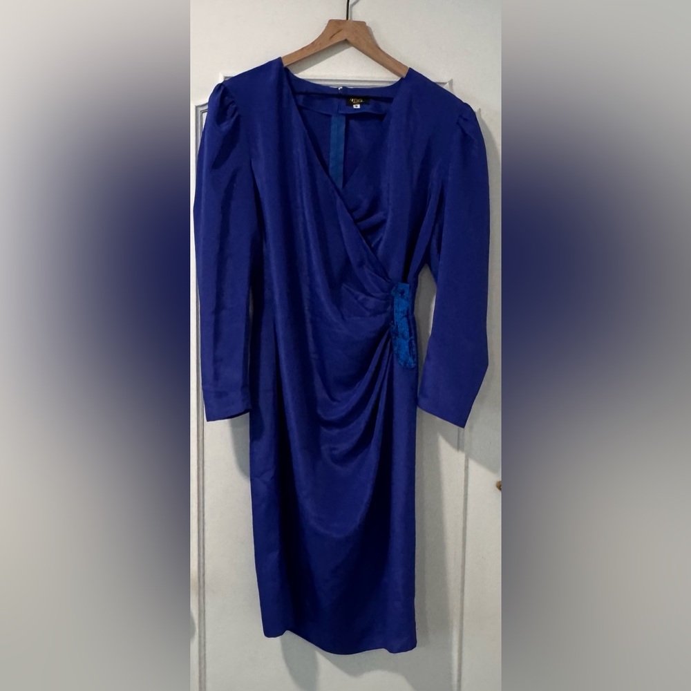 Vintage 1980s Sequin Crossover Cocktail Dress Shoulder Pads Royal Blue Size 10